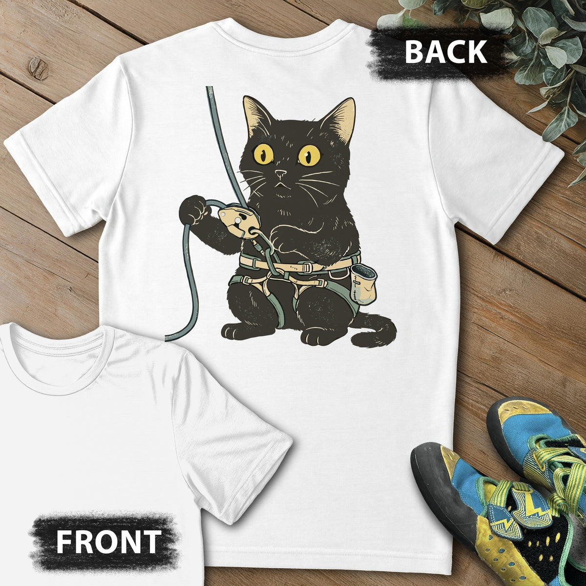 Belay Cat Backprint Tee in White — flat lay mockup