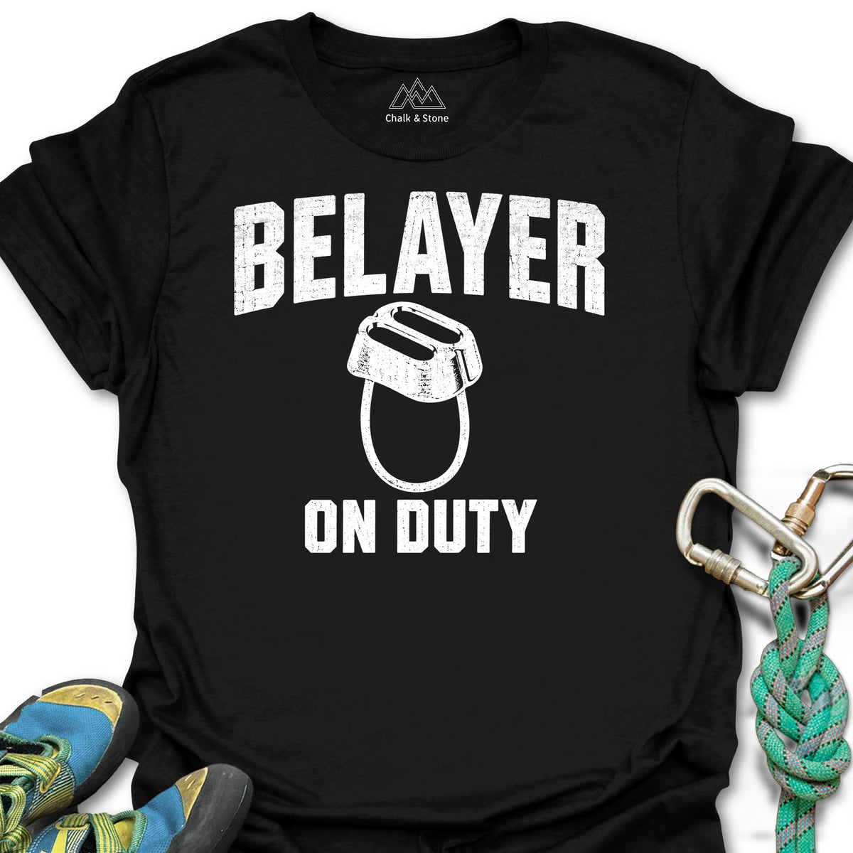 Belayer On Duty Tee in Black — flat lay mockup