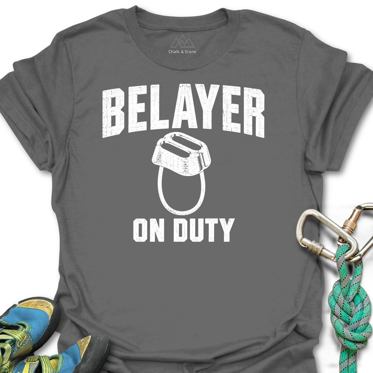 Belayer On Duty Tee in Charcoal — flat lay mockup