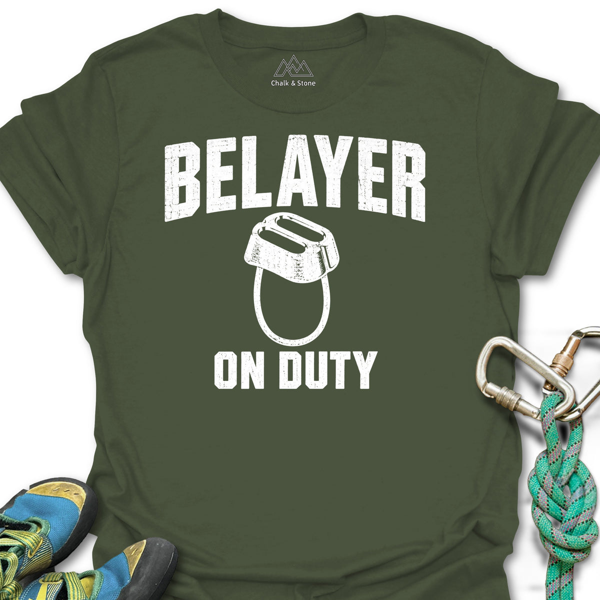 Belayer On Duty Tee in Military Green — flat lay mockup