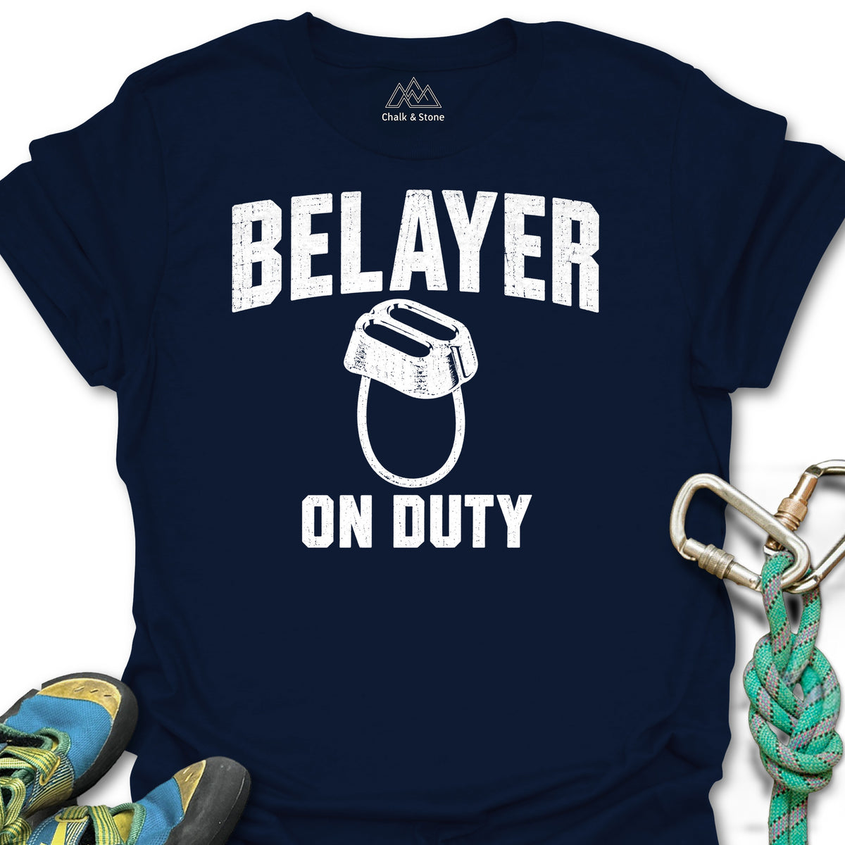Belayer On Duty Tee in Navy — flat lay mockup
