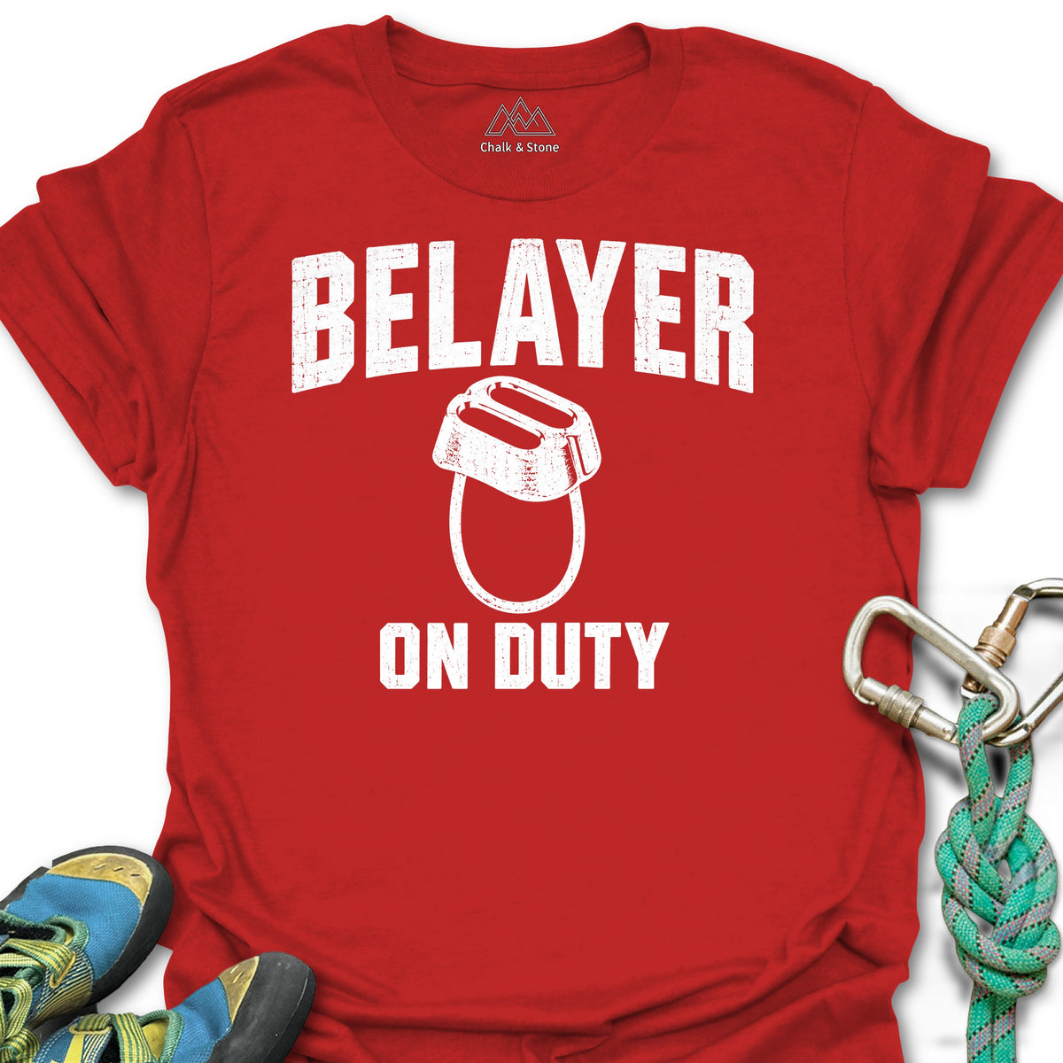 Belayer On Duty Tee in Red — flat lay mockup