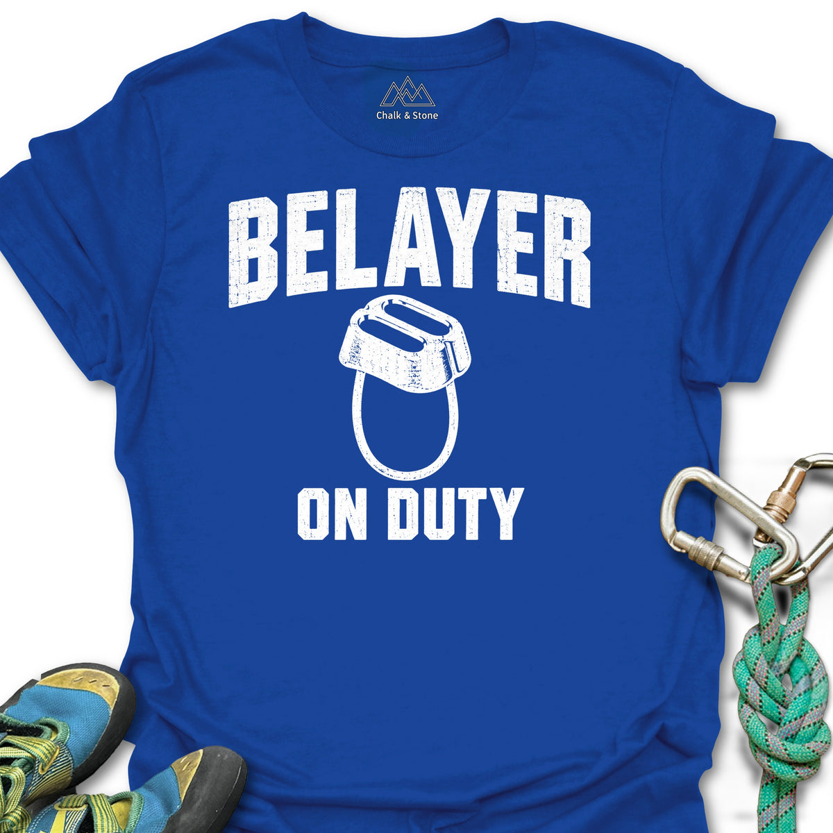 Belayer On Duty Tee in Royal — flat lay mockup