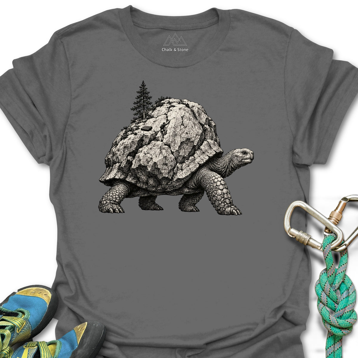 Boulder Shell Tortoise Tee in Charcoal — flat lay mockup