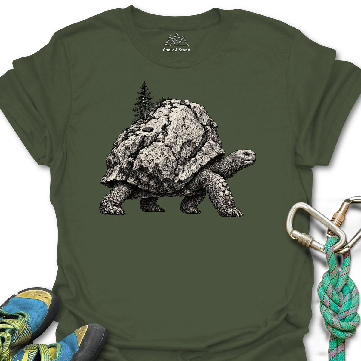Boulder Shell Tortoise Tee in Military Green — flat lay mockup