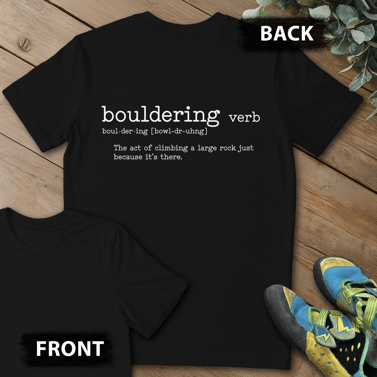 Bouldering Definition Backprint Tee in Black — flat lay mockup