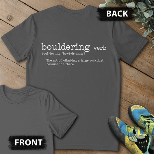 Bouldering Definition Backprint Tee in Charcoal — flat lay mockup