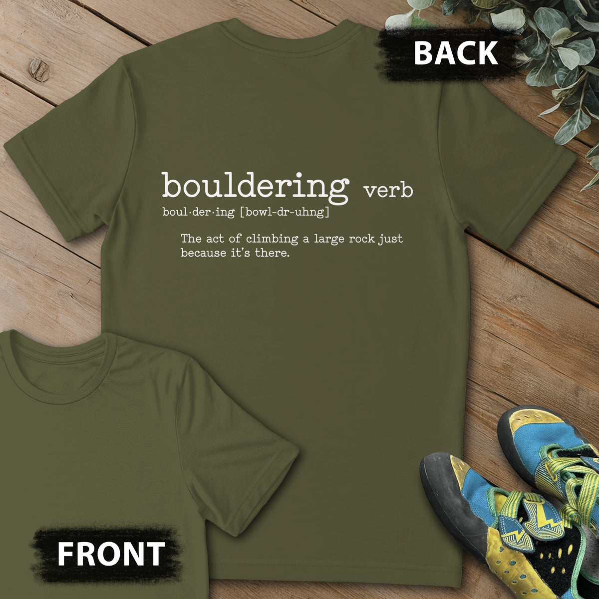 Bouldering Definition Backprint Tee in Military Green — flat lay mockup