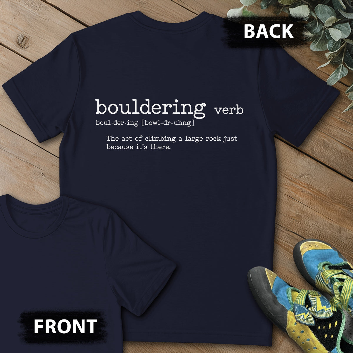 Bouldering Definition Backprint Tee in Navy — flat lay mockup