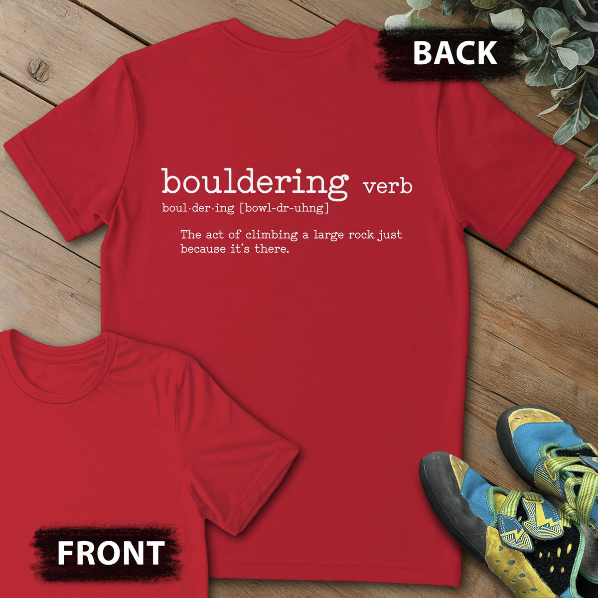 Bouldering Definition Backprint Tee in Red — flat lay mockup