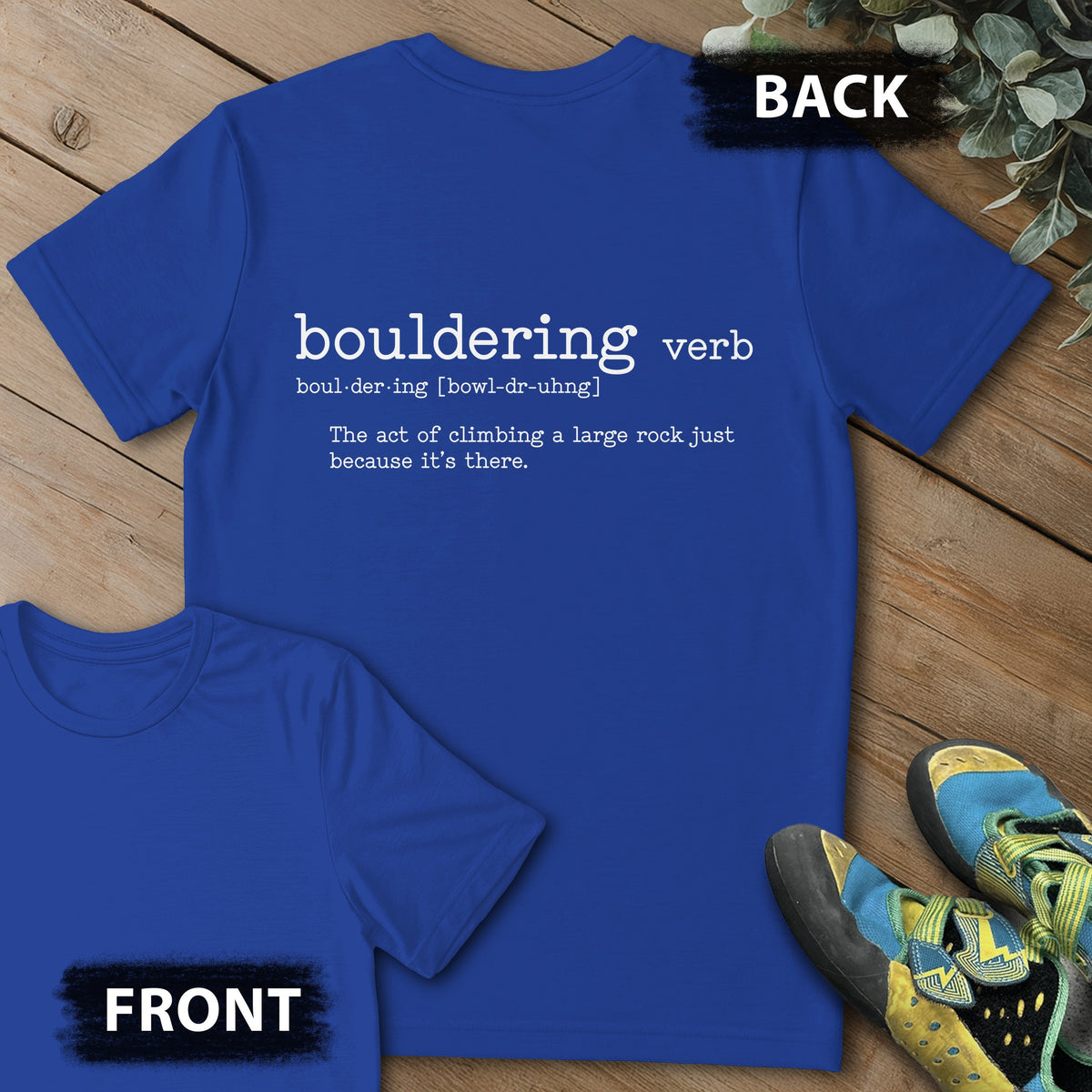 Bouldering Definition Backprint Tee in Royal — flat lay mockup