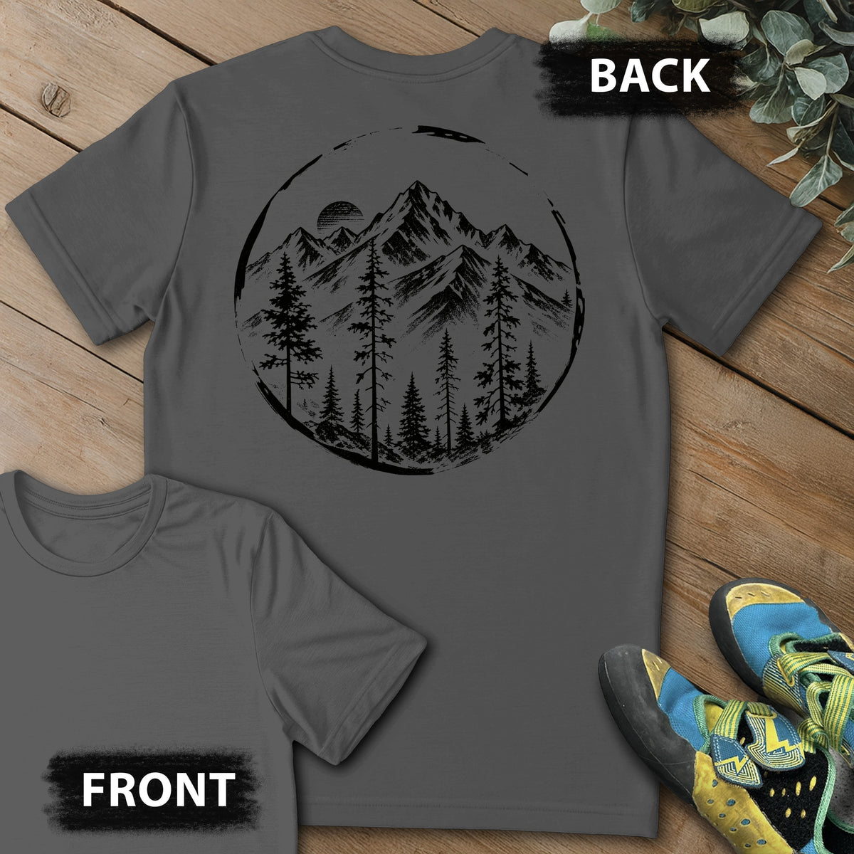 Brushed Mtn Range Backprint Tee in Charcoal — flat lay mockup