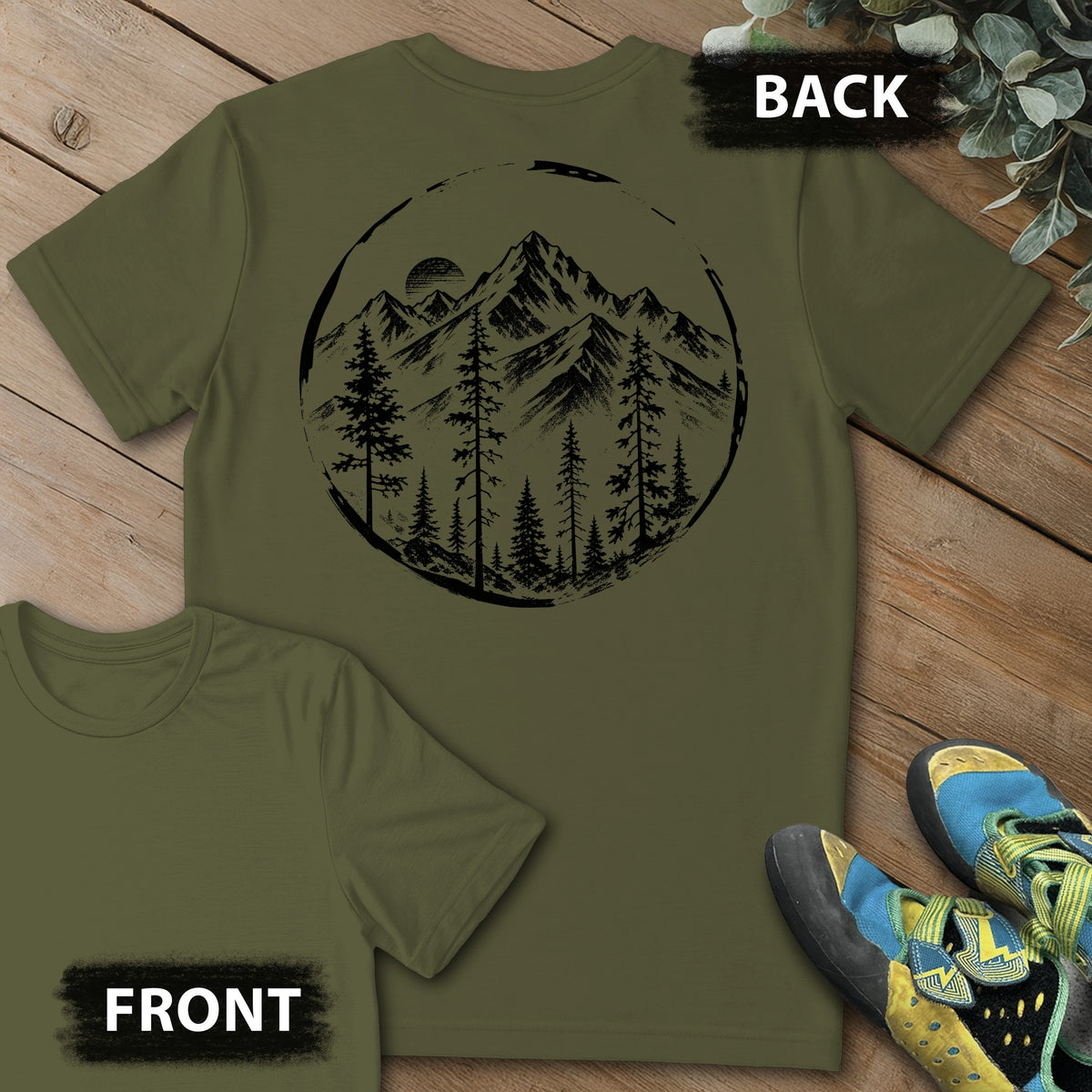 Brushed Mtn Range Backprint Tee in Military Green — flat lay mockup