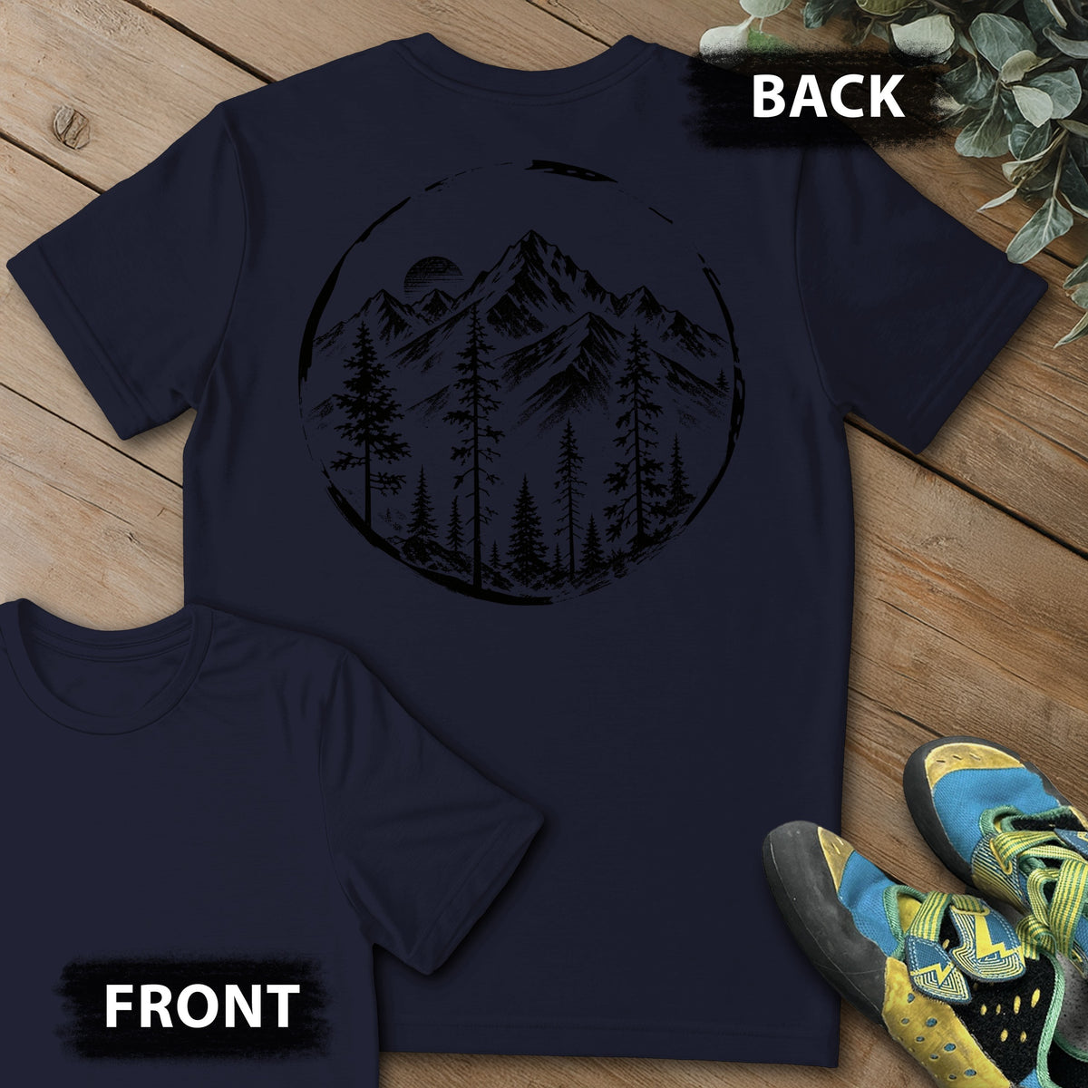 Brushed Mtn Range Backprint Tee in Navy — flat lay mockup