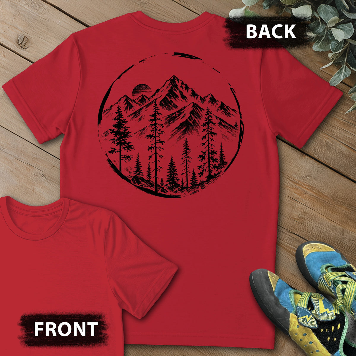 Brushed Mtn Range Backprint Tee in Red — flat lay mockup