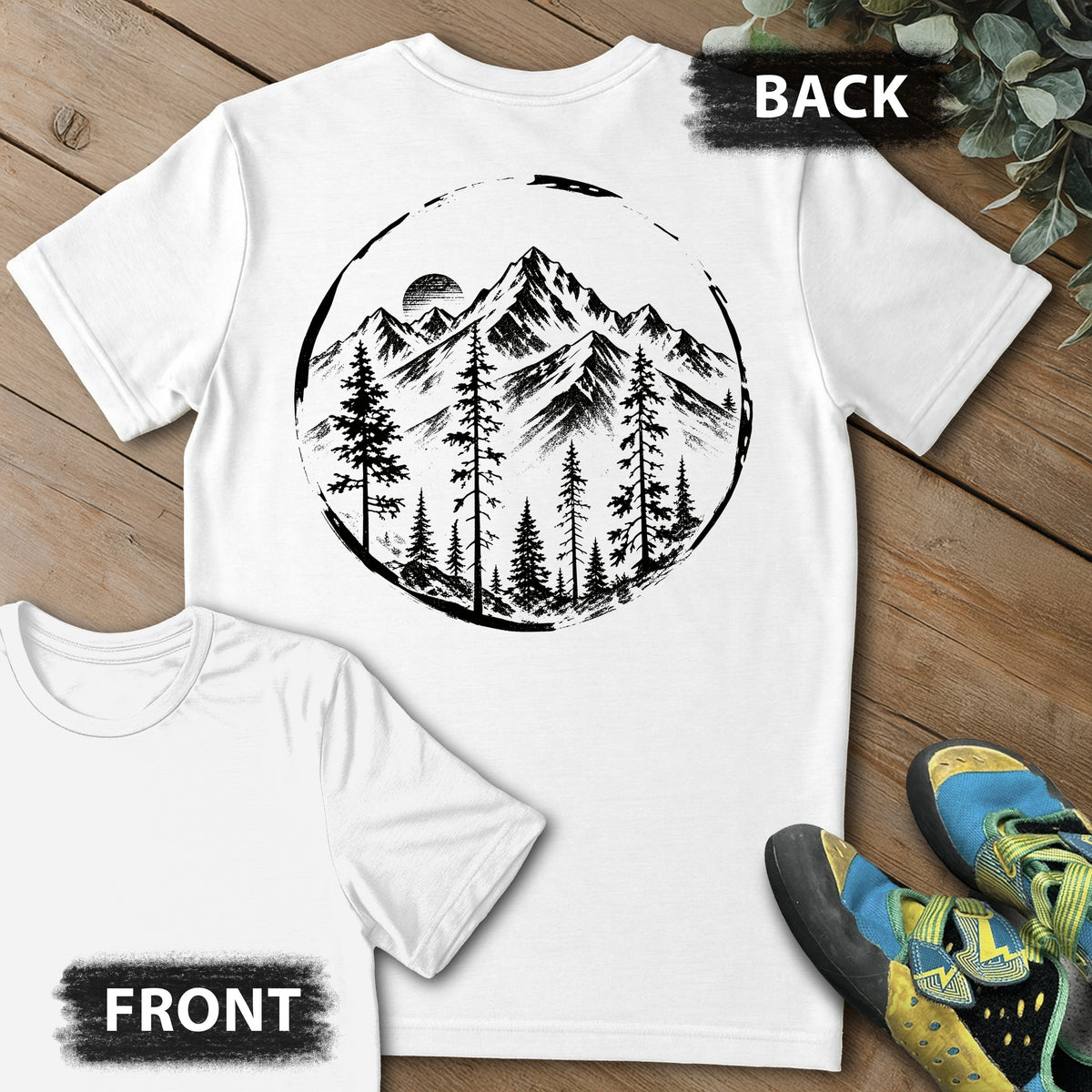 Brushed Mtn Range Backprint Tee in White — flat lay mockup