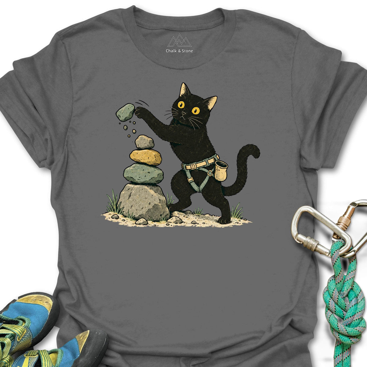 Cairn Cat Tee in Charcoal — flat lay mockup