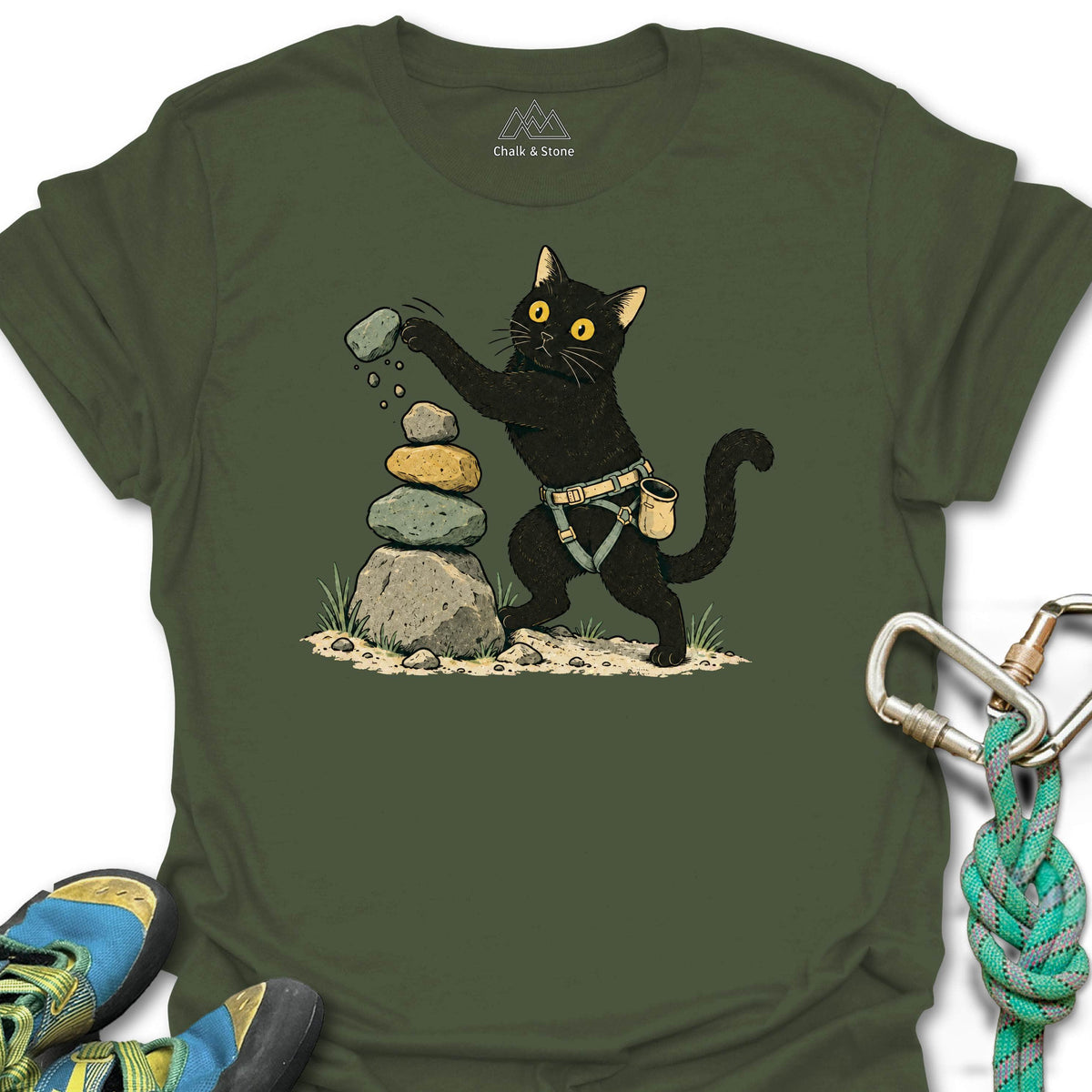 Cairn Cat Tee in Military Green — flat lay mockup
