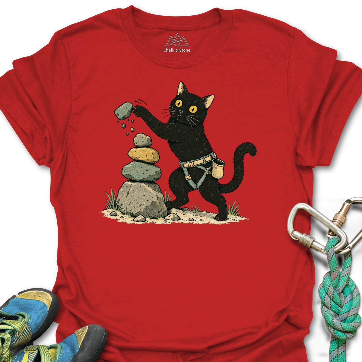 Cairn Cat Tee in Red — flat lay mockup