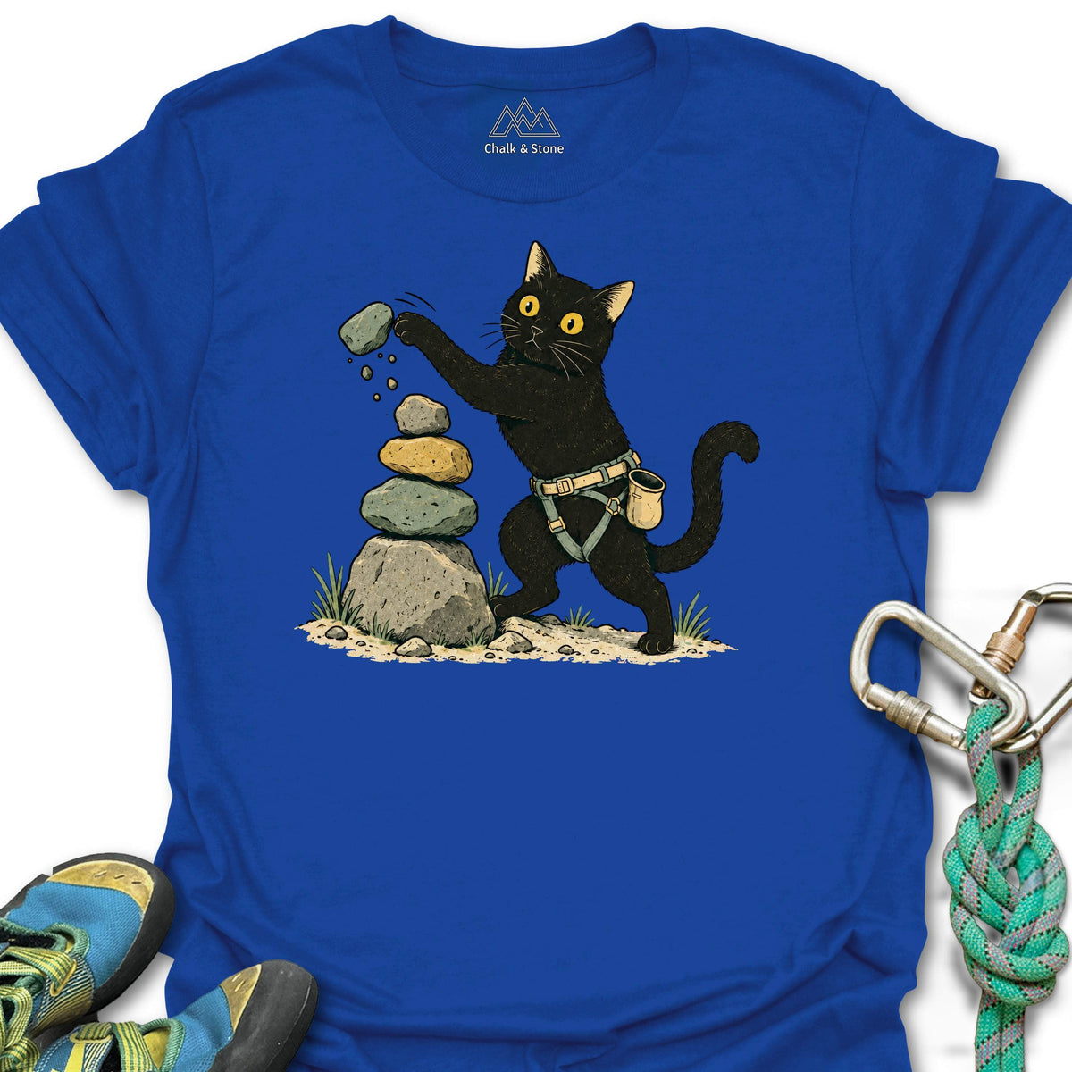 Cairn Cat Tee in Royal — flat lay mockup