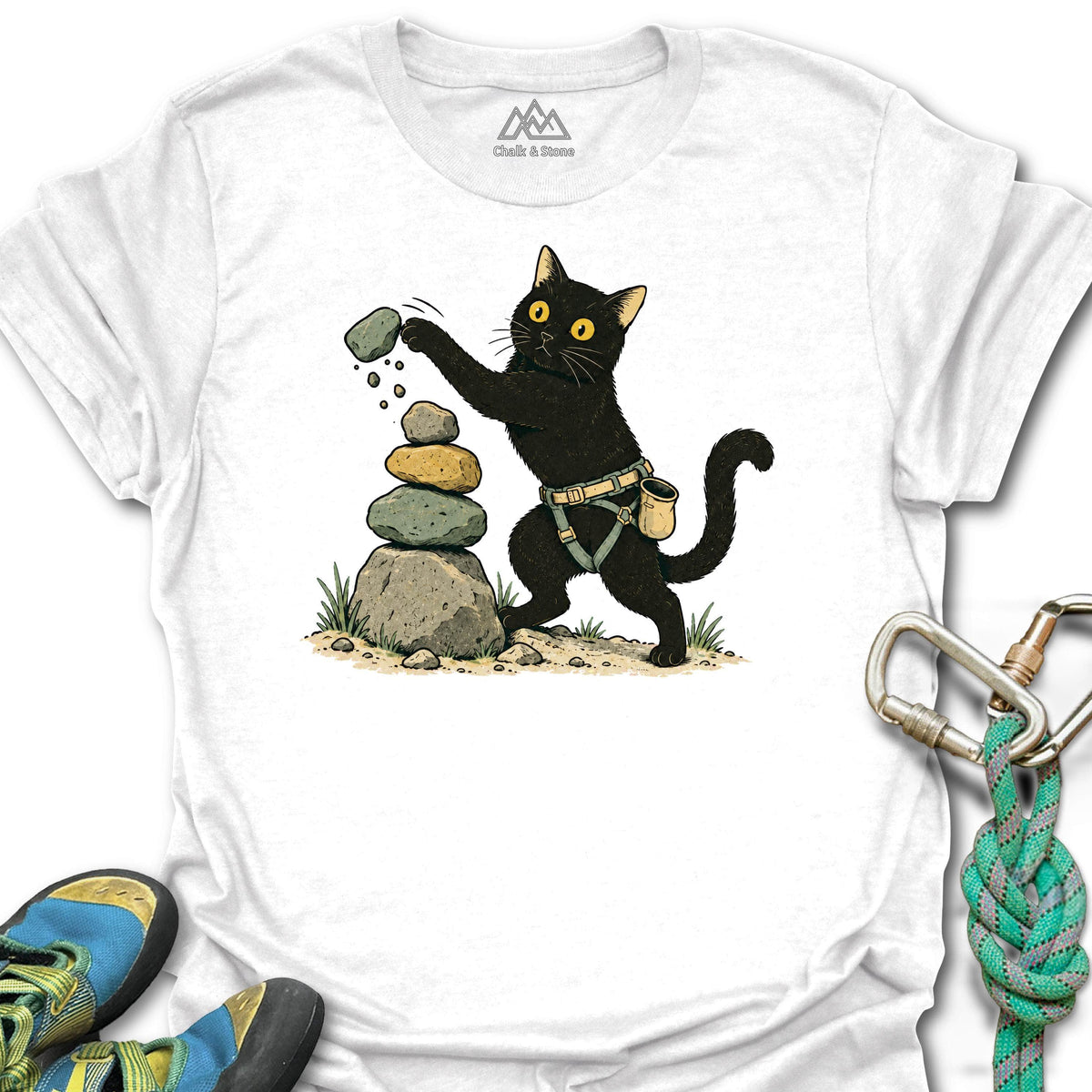 Cairn Cat Tee in White — flat lay mockup