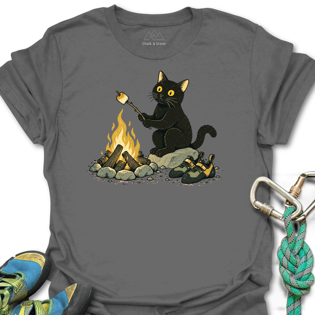 Campfire Marshmallow Cat Tee in Charcoal — flat lay mockup
