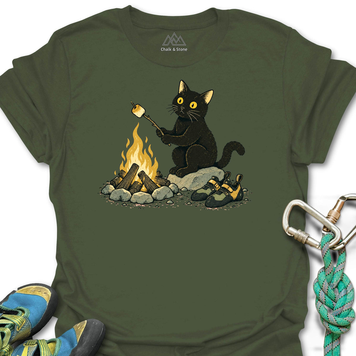 Campfire Marshmallow Cat Tee in Military Green — flat lay mockup