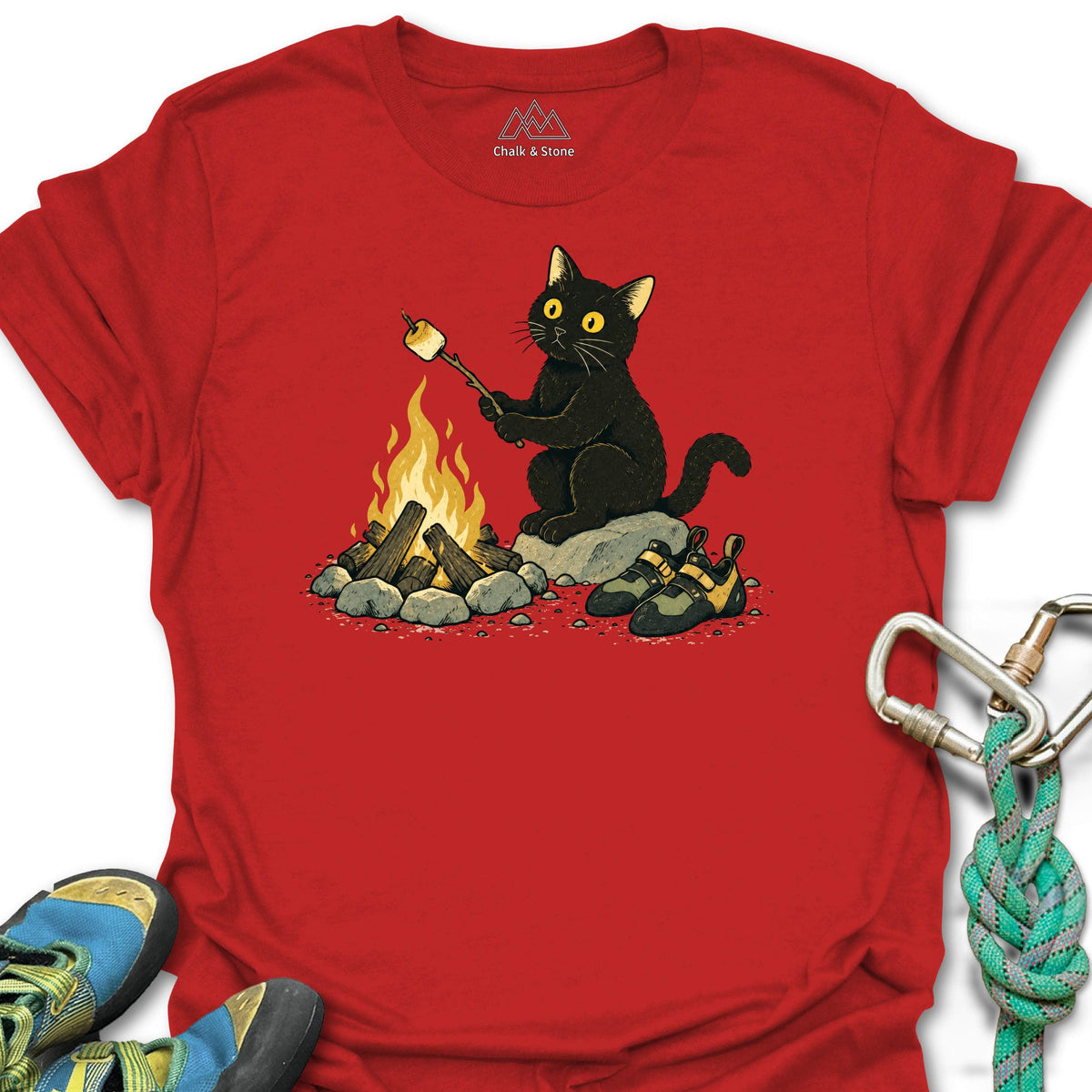 Campfire Marshmallow Cat Tee in Red — flat lay mockup