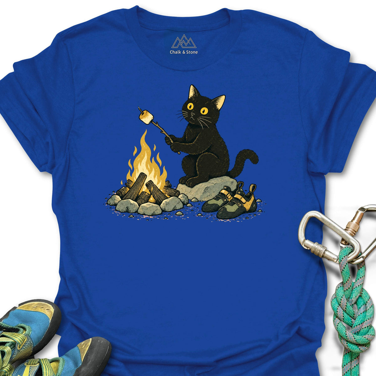 Campfire Marshmallow Cat Tee in Royal — flat lay mockup