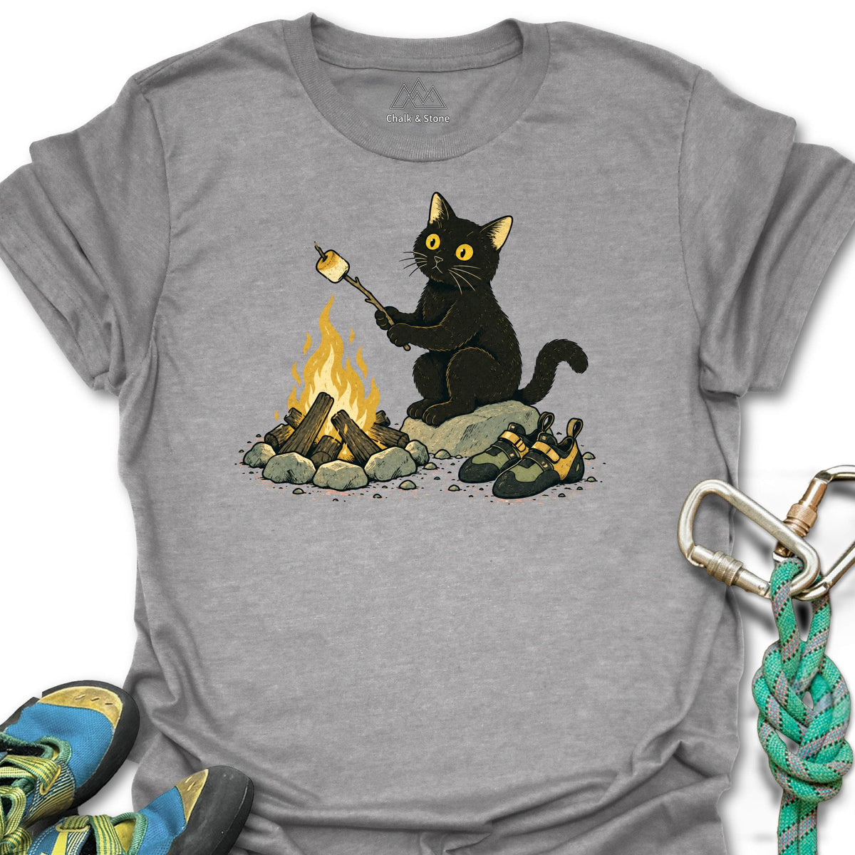 Campfire Marshmallow Cat Tee in Sport Grey — flat lay mockup