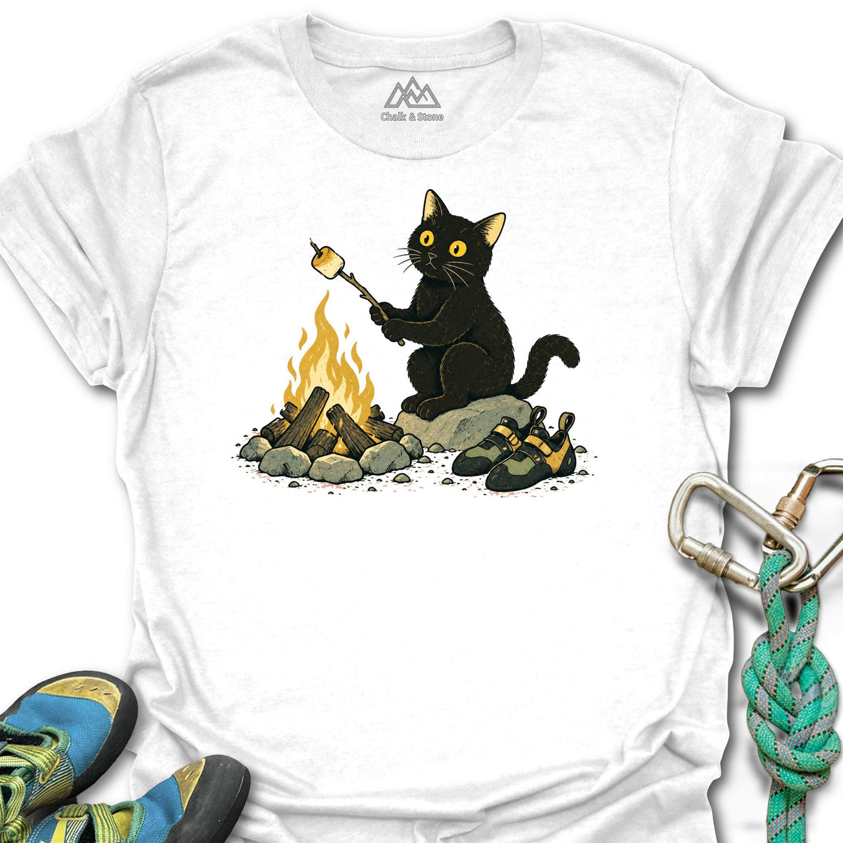 Campfire Marshmallow Cat Tee in White — flat lay mockup