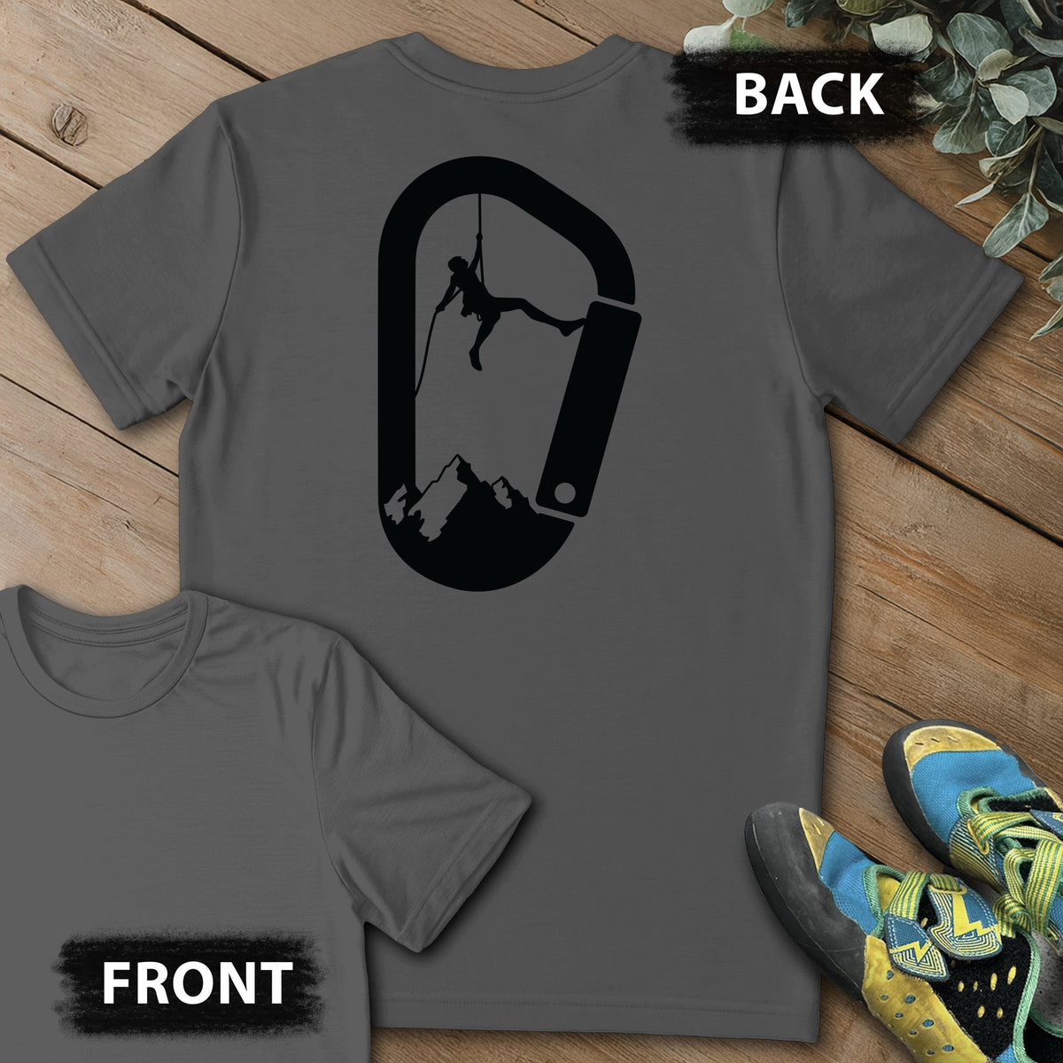 Carabinger Climb Backprint Tee in Charcoal — flat lay mockup