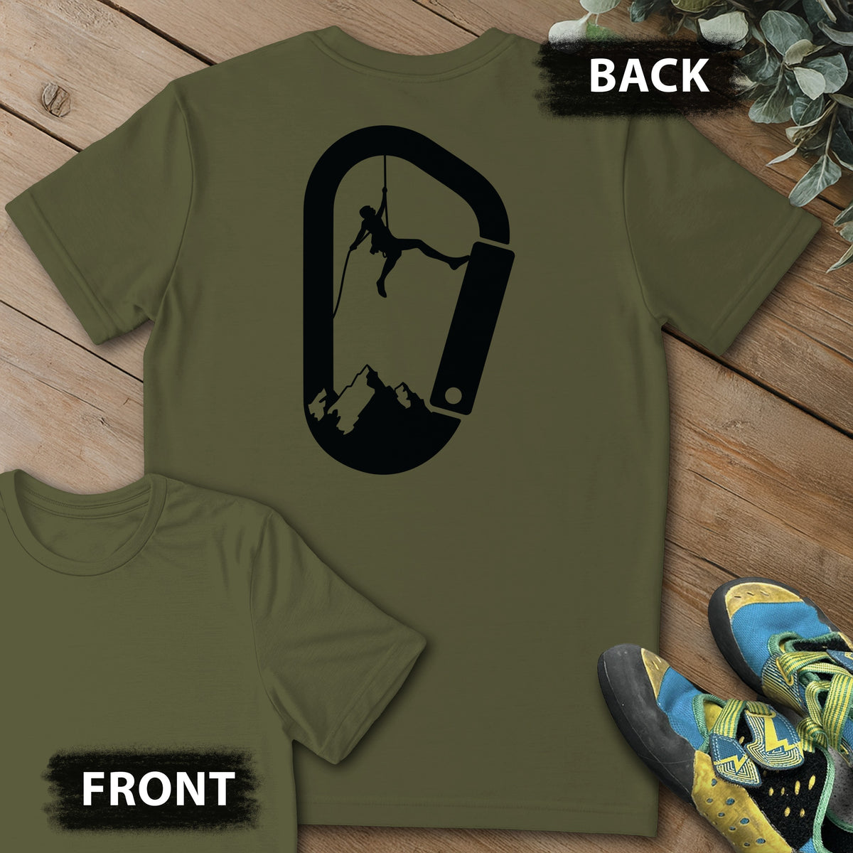 Carabinger Climb Backprint Tee in Military Green — flat lay mockup