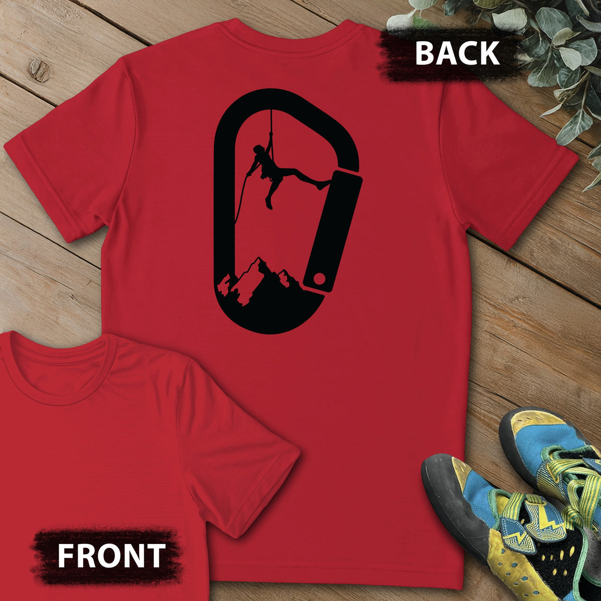 Carabinger Climb Backprint Tee in Red — flat lay mockup
