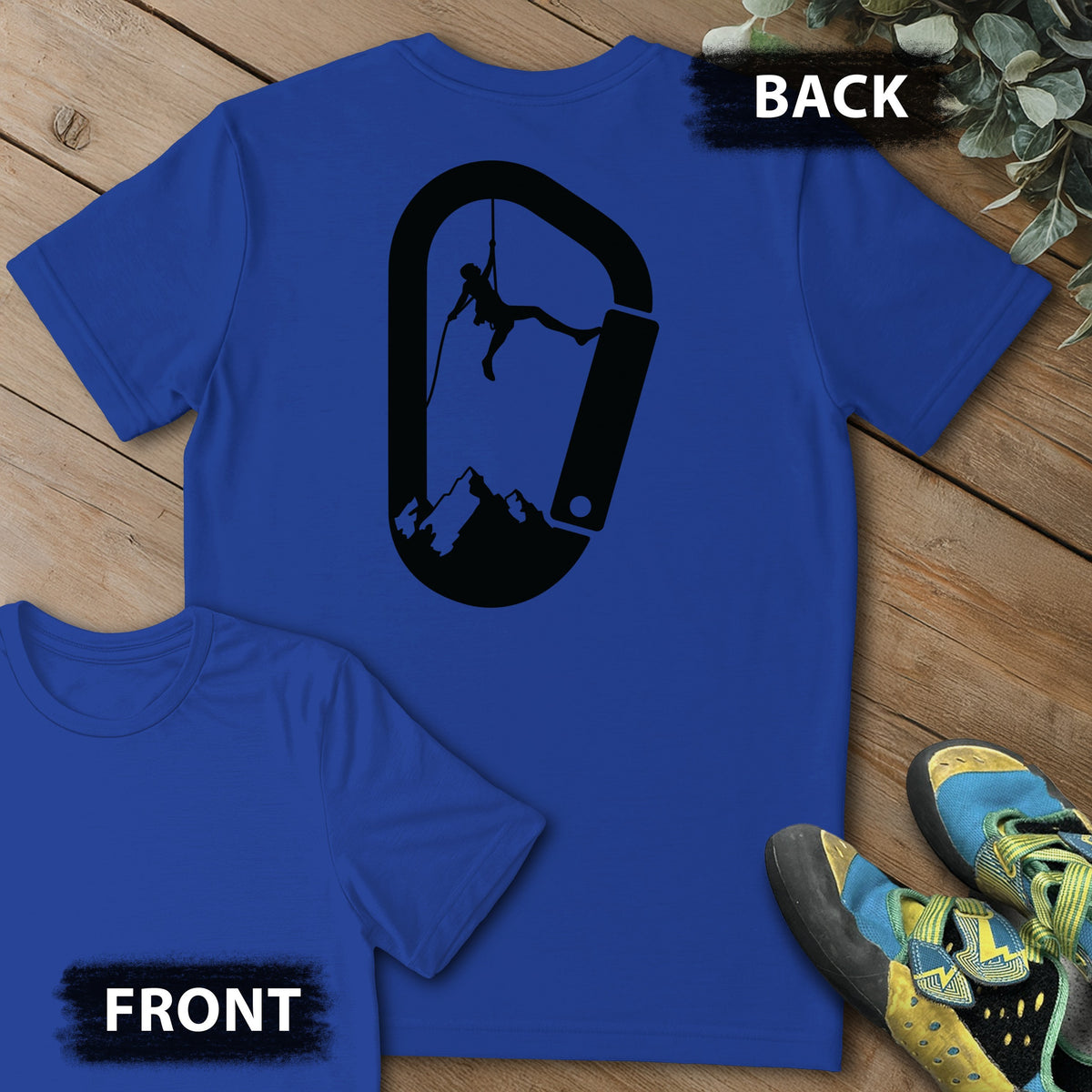 Carabinger Climb Backprint Tee in Royal — flat lay mockup