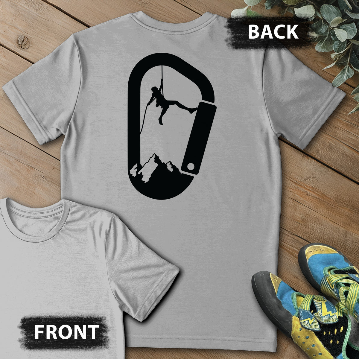 Carabinger Climb Backprint Tee in Sport Grey — flat lay mockup