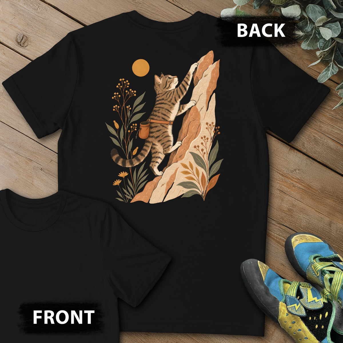 Cat Boho Climb Backprint Tee in Black — flat lay mockup
