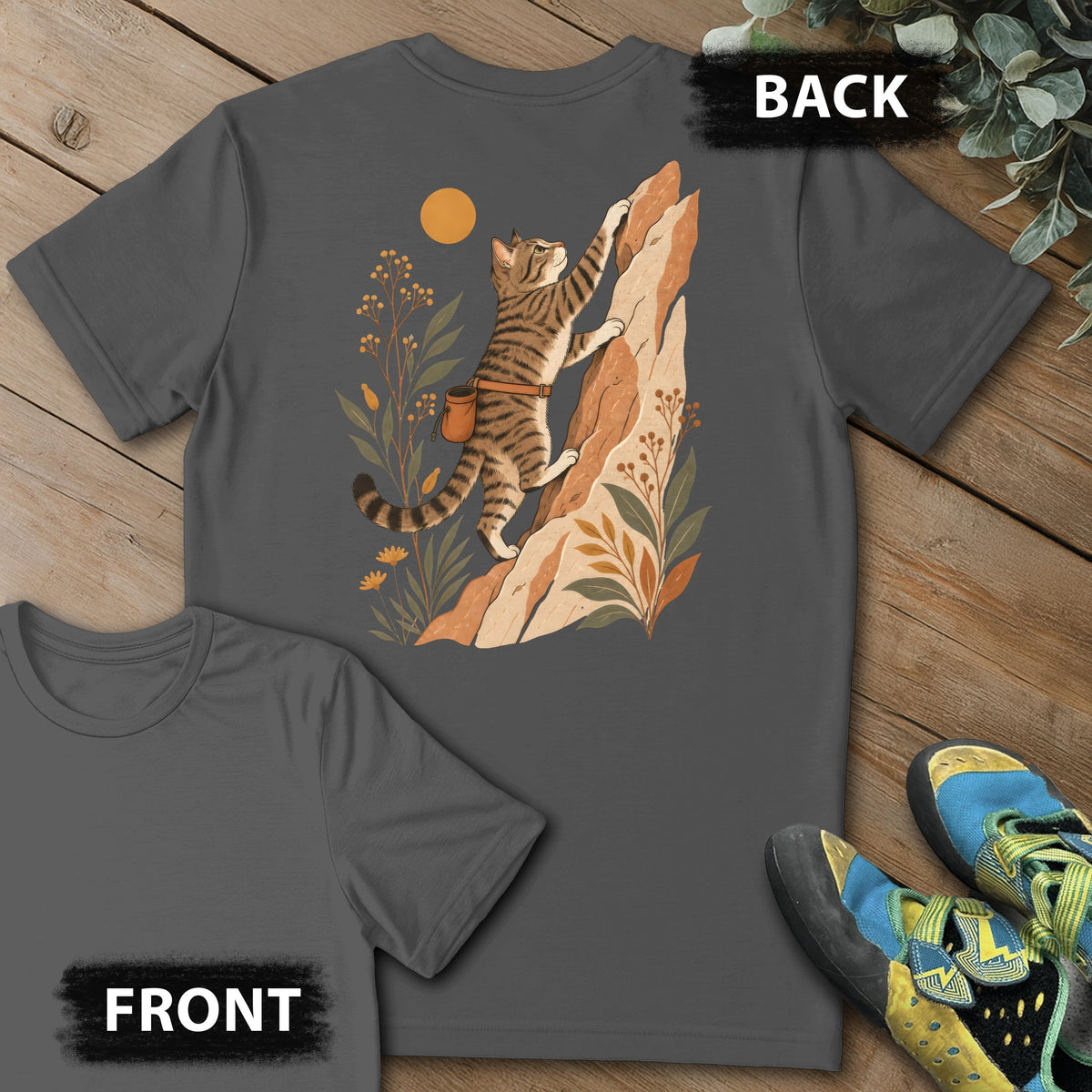 Cat Boho Climb Backprint Tee in Charcoal — flat lay mockup