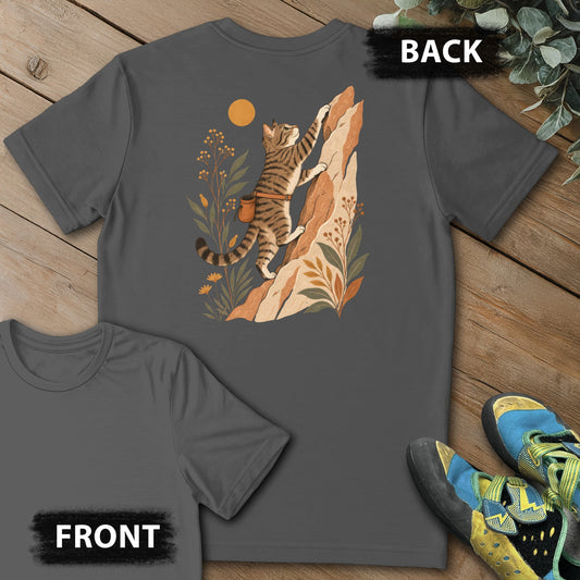 Cat Boho Climb Backprint Tee in Charcoal — flat lay mockup