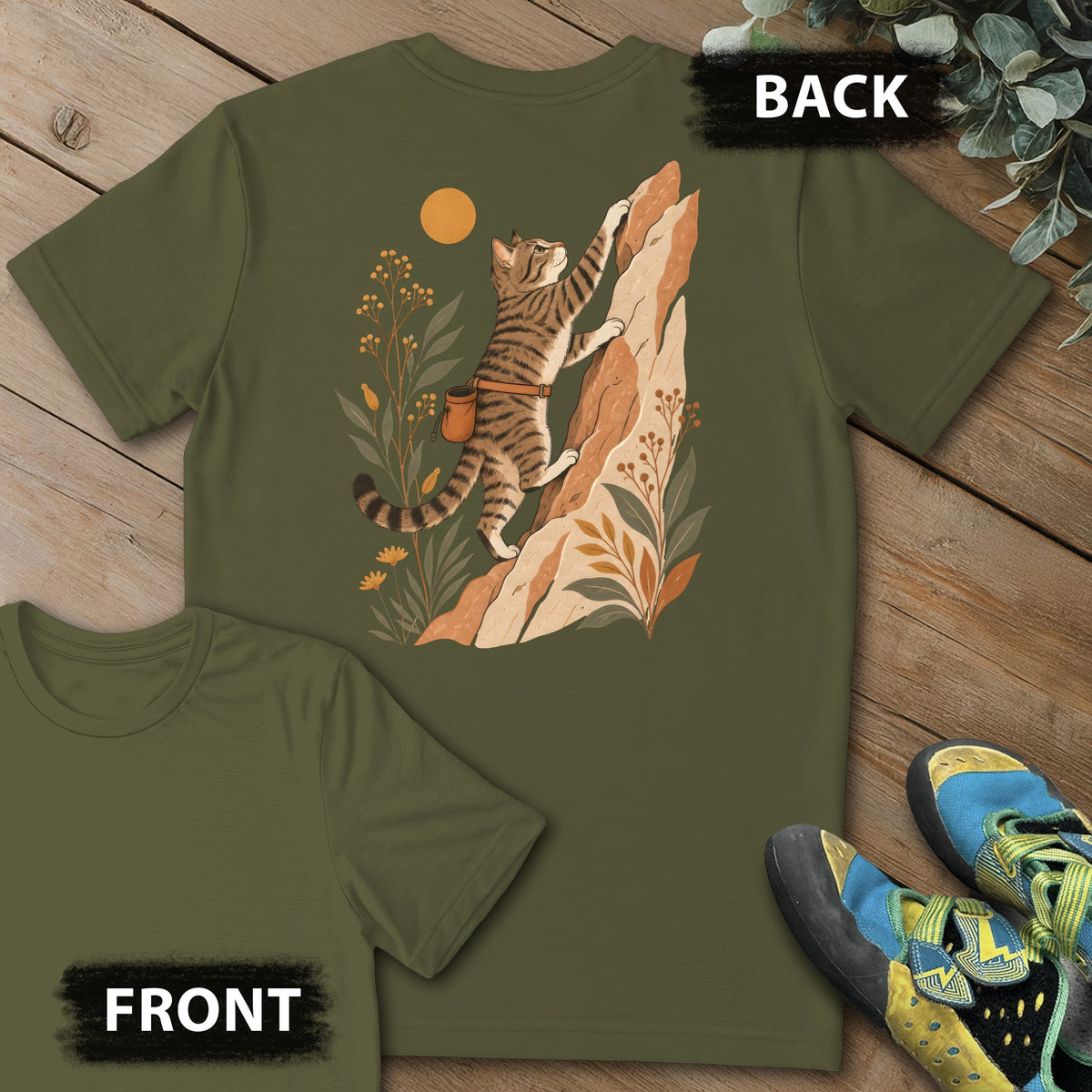 Cat Boho Climb Backprint Tee in Military Green — flat lay mockup