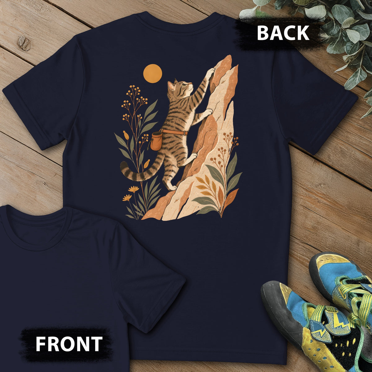 Cat Boho Climb Backprint Tee in Navy — flat lay mockup