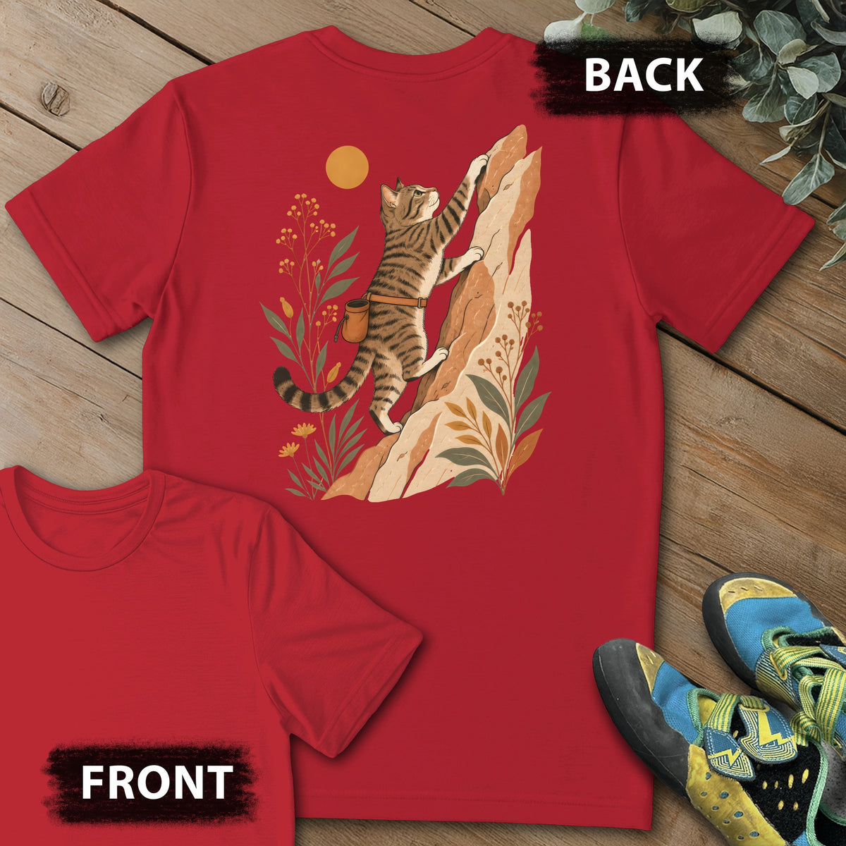 Cat Boho Climb Backprint Tee in Red — flat lay mockup