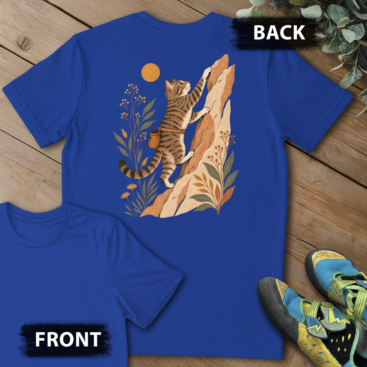 Cat Boho Climb Backprint Tee in Royal — flat lay mockup