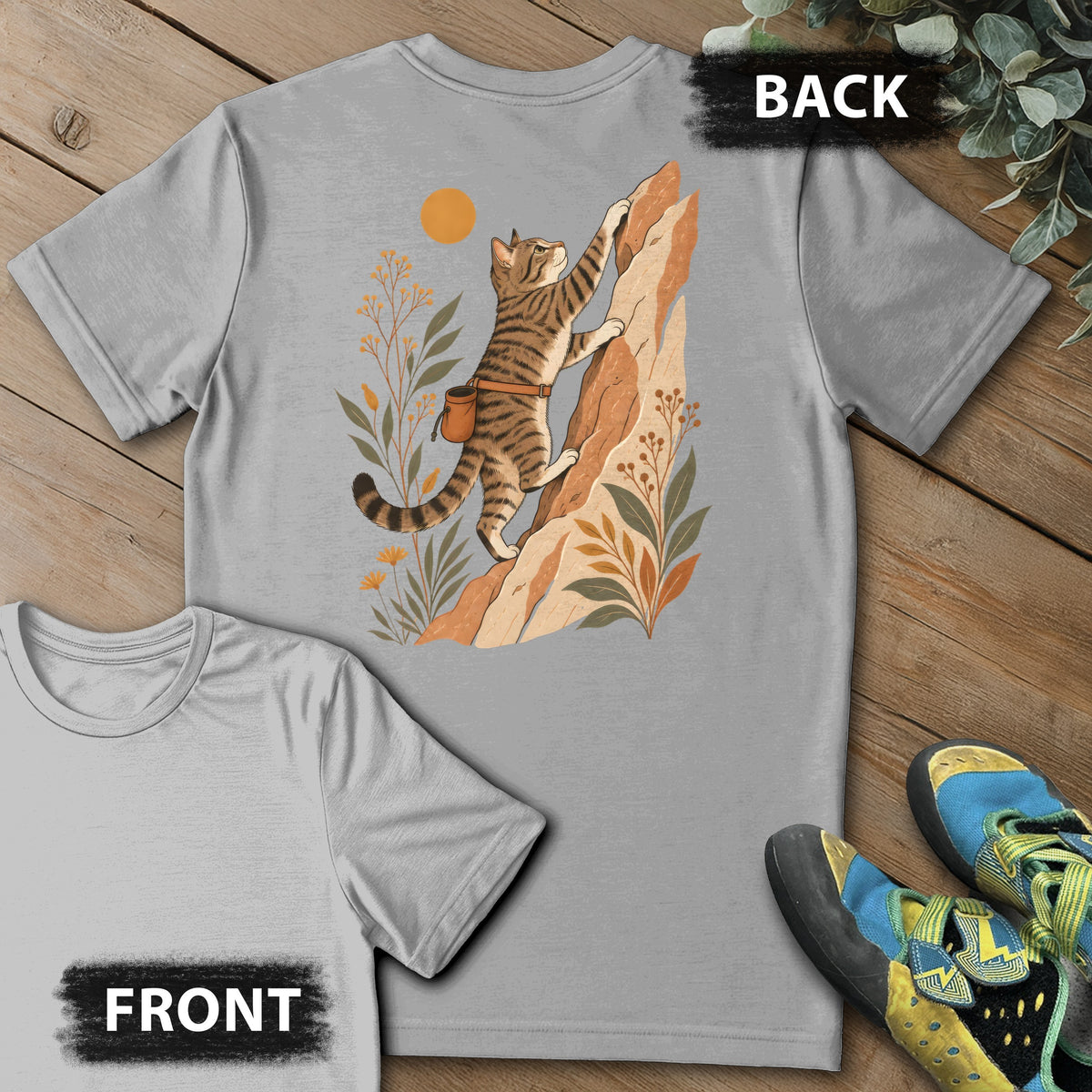 Cat Boho Climb Backprint Tee in Sport Grey — flat lay mockup