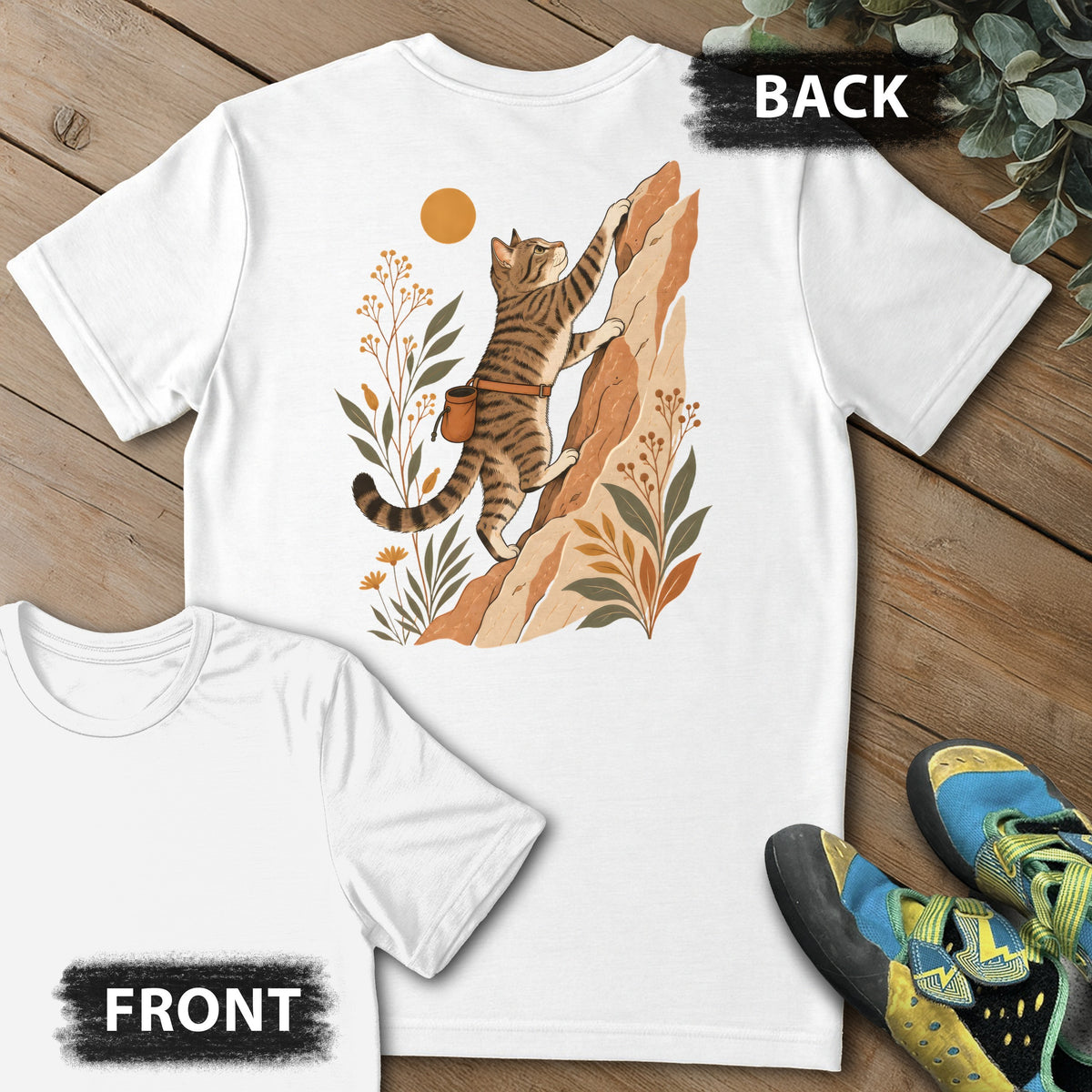 Cat Boho Climb Backprint Tee in White — flat lay mockup