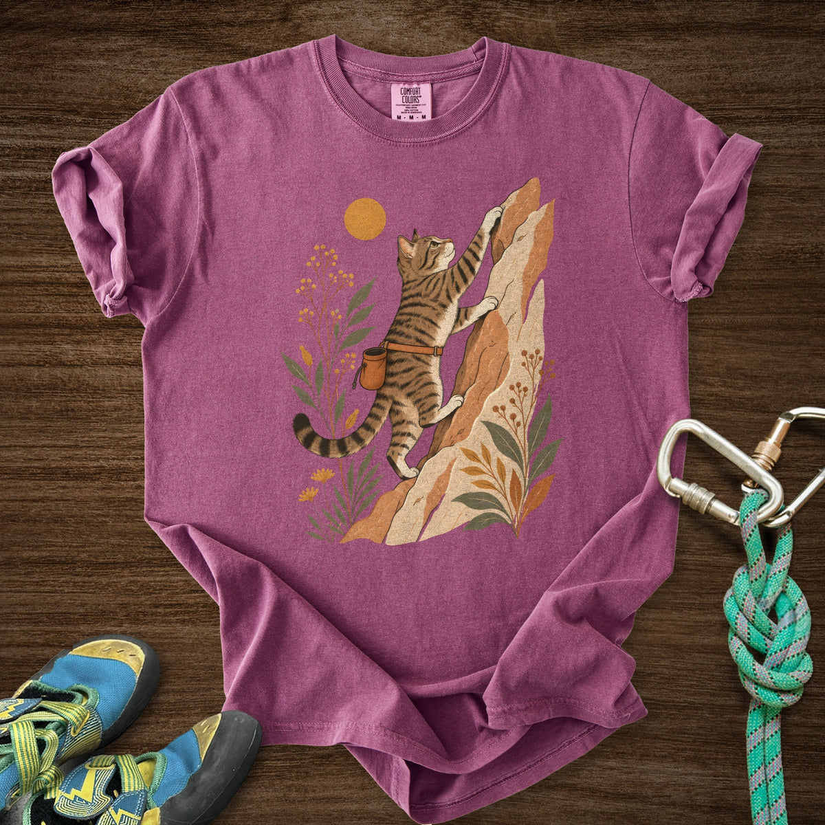 Cat Boho Climb Premium in Berry — flat lay mockup