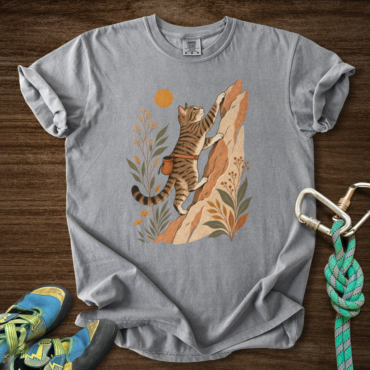 Cat Boho Climb Premium in Grey — flat lay mockup