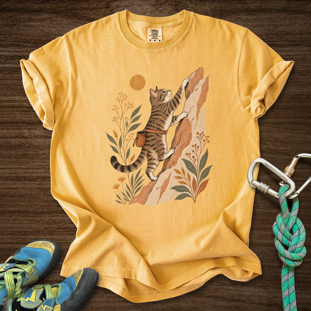 Cat Boho Climb Premium in Mustard — flat lay mockup