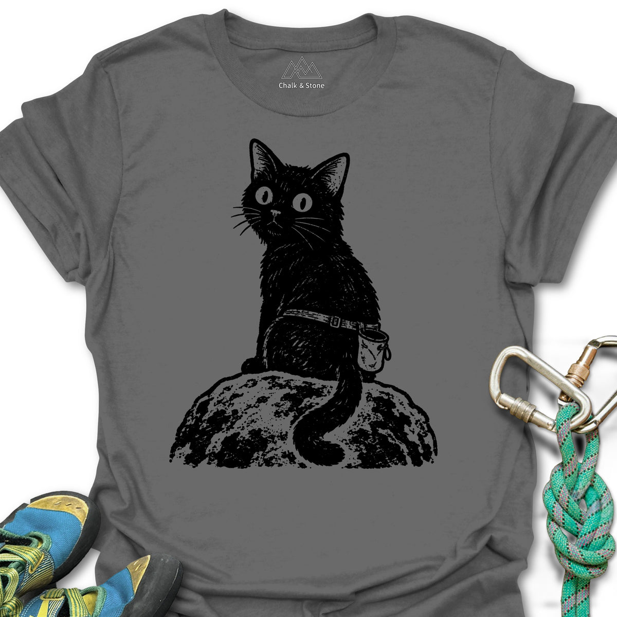 Cat Boulder Stamp Tee in Charcoal — flat lay mockup