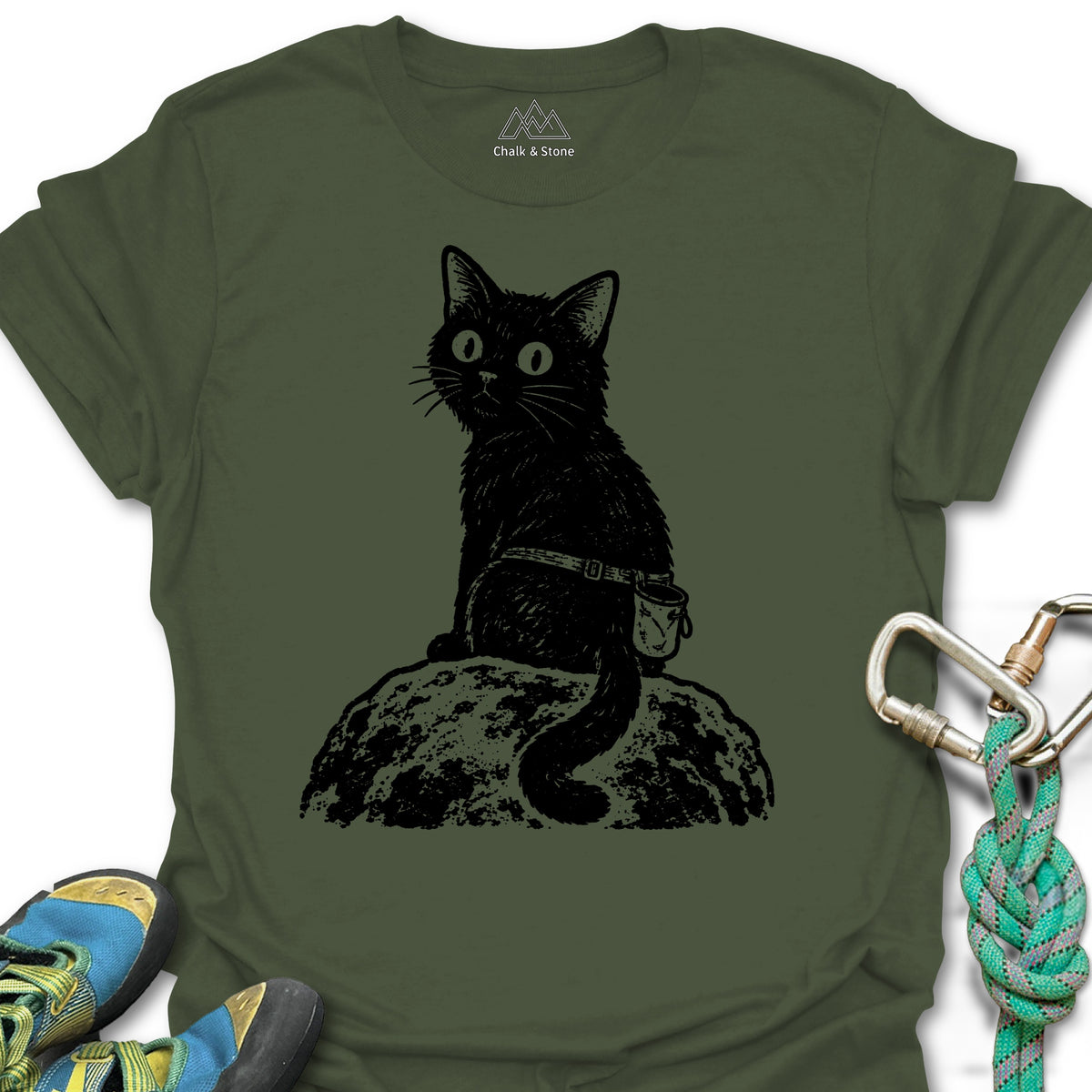 Cat Boulder Stamp Tee in Military Green — flat lay mockup
